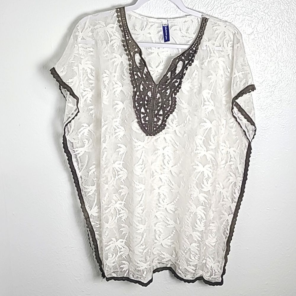 Authentic Gear White Lace Cover-up with Brown Embroidered Trim, Size S/M